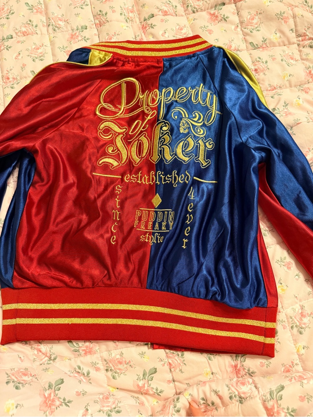 Hot topic Harley Quinn Inspired Red & Blue Satin Bomber Jacket